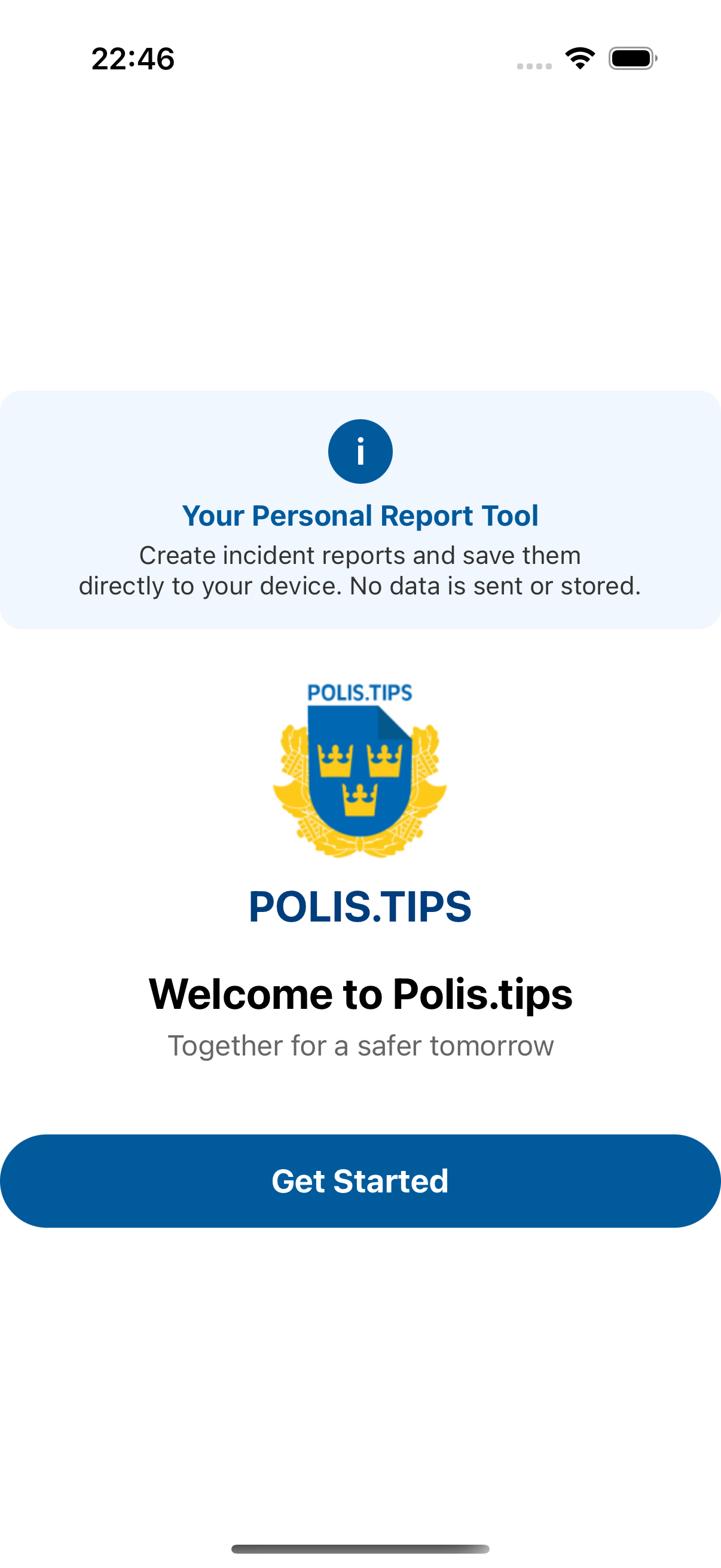 Välkomstskärm i Polis.tips-appen